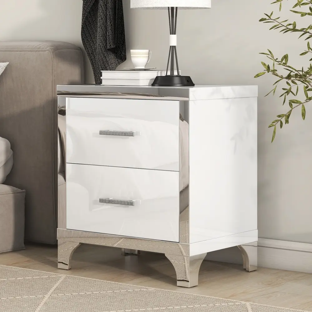 Littleox Elegant High Gloss Nightstand with Metal Handle,Mirrored Bedside Table with 2 Drawers for Bedroom,Living Room,White