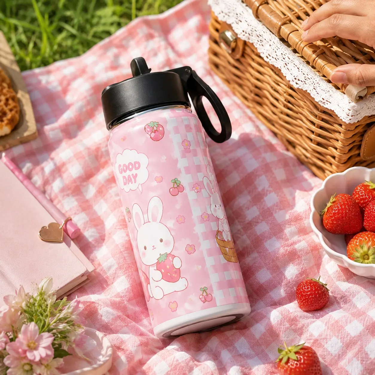 18 oz Kids Insulated Stainless Steel Water Bottle, Sweet Bunny Strawberry & Cherry Print Cup with Flip-Up Straw Lid and Carry Handle for School, Travel & Daily Hydration