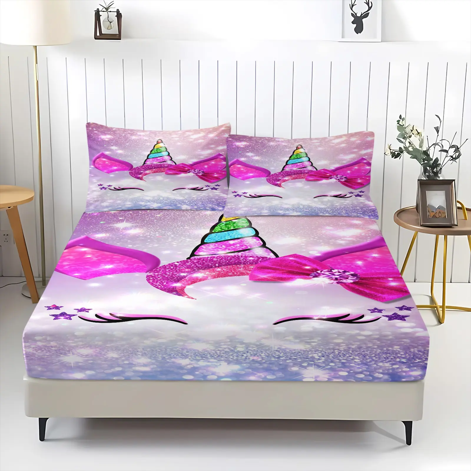 3pcs Fantasy Unicorn Style Rainbow Pegasus Collection Printed Fitted Sheet Set, Machine Washable Skin-Friendly Fabric, Mattress Protection Design, Suitable for All Ages, Four-Season Universal Bedroom Soft Furnishing (Pillow Cores Not Included)