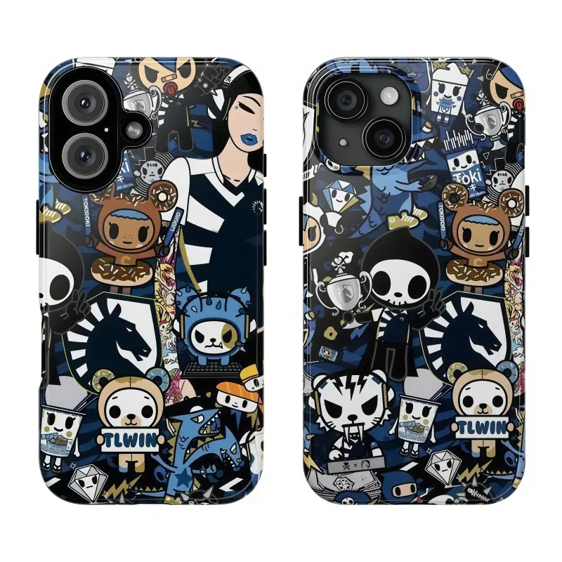 T0kid0ki Phone Case Navy Blue Black Donutella Adios Chaos Character Collage Shockproof Cover Compatible for iPhone 17 Promax 16 15 14 13 12 11 and for Samsung S22-S26 Ultra Perfect Gift for Her Women