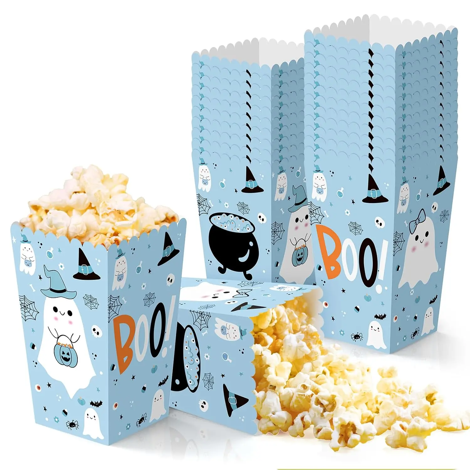 24 count Blue Halloween Popcorn Favor Boxes,Halloween Party Supplies Cute  Popcorn Bowls Popcorn Bucets Popcorn Bags,Boo Theme Candy Cooie Container for ids