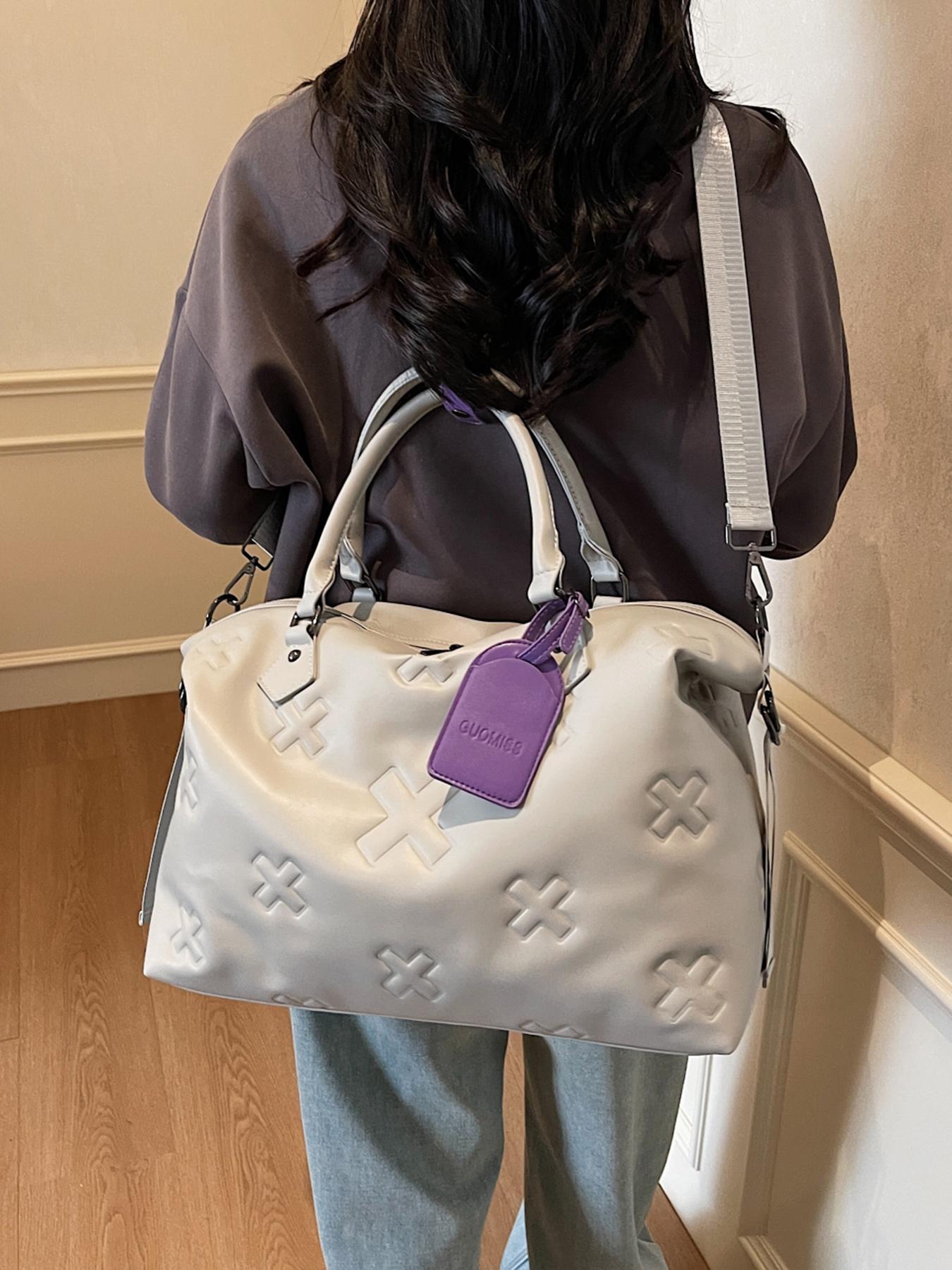 Cross Embossed Handbag, Contrasting Color Design, Portable Single-shoulder Commuting Large-capacity Boston Bag, Single-shoulder Crossbody Multi-purpose Commuter Bag, Suitable for Short-distance Travel, Sports and Fitness, Elegant Embossed Bag