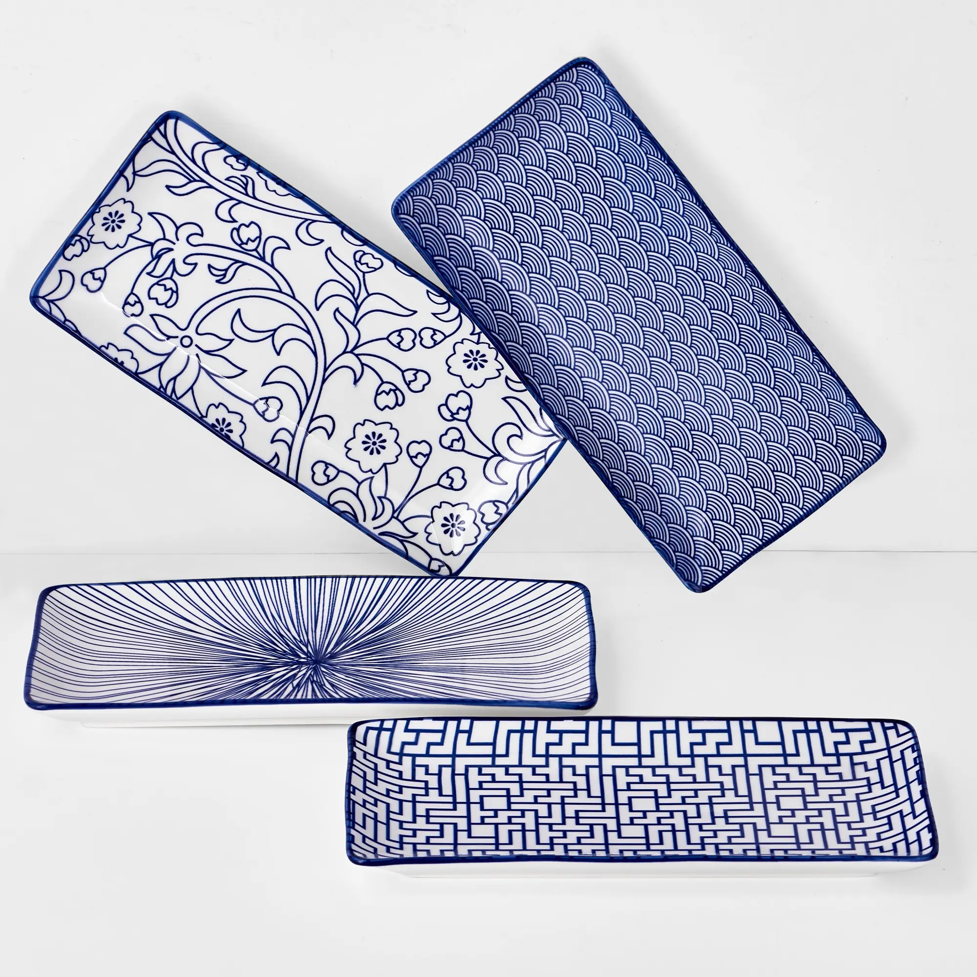 10 Inch Ceramic Rectangular Plate Set of 4, Blue Japanese Pattern, Serving Platter for Appetizers, Salads, Desserts, Fruits, Sushi, Party & Entertaining