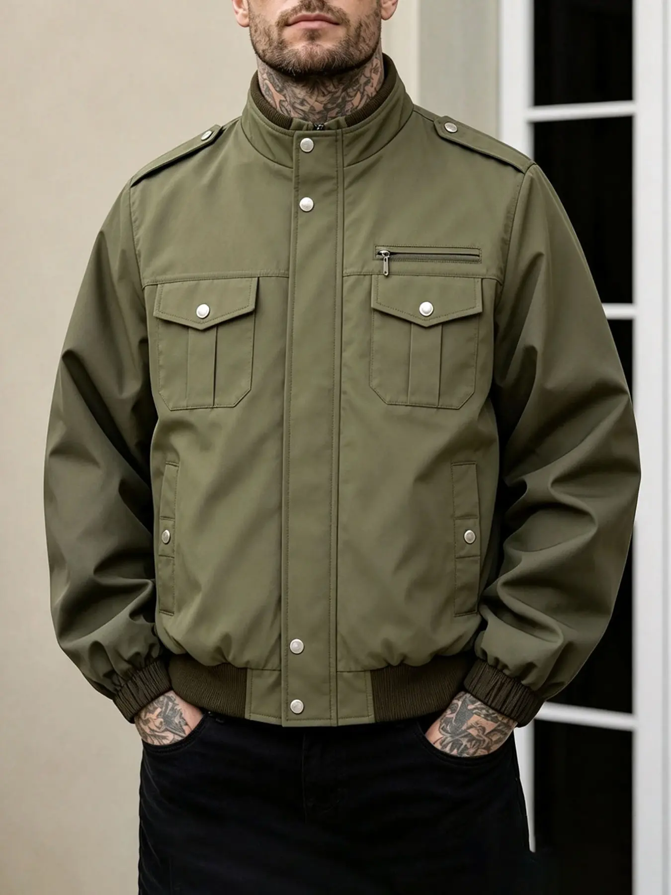 Military Stand Collar Work Jacket, Shoulder Patch Silver Color Buttons, Multiple Pockets, Men's Vintage Casual Outerwear