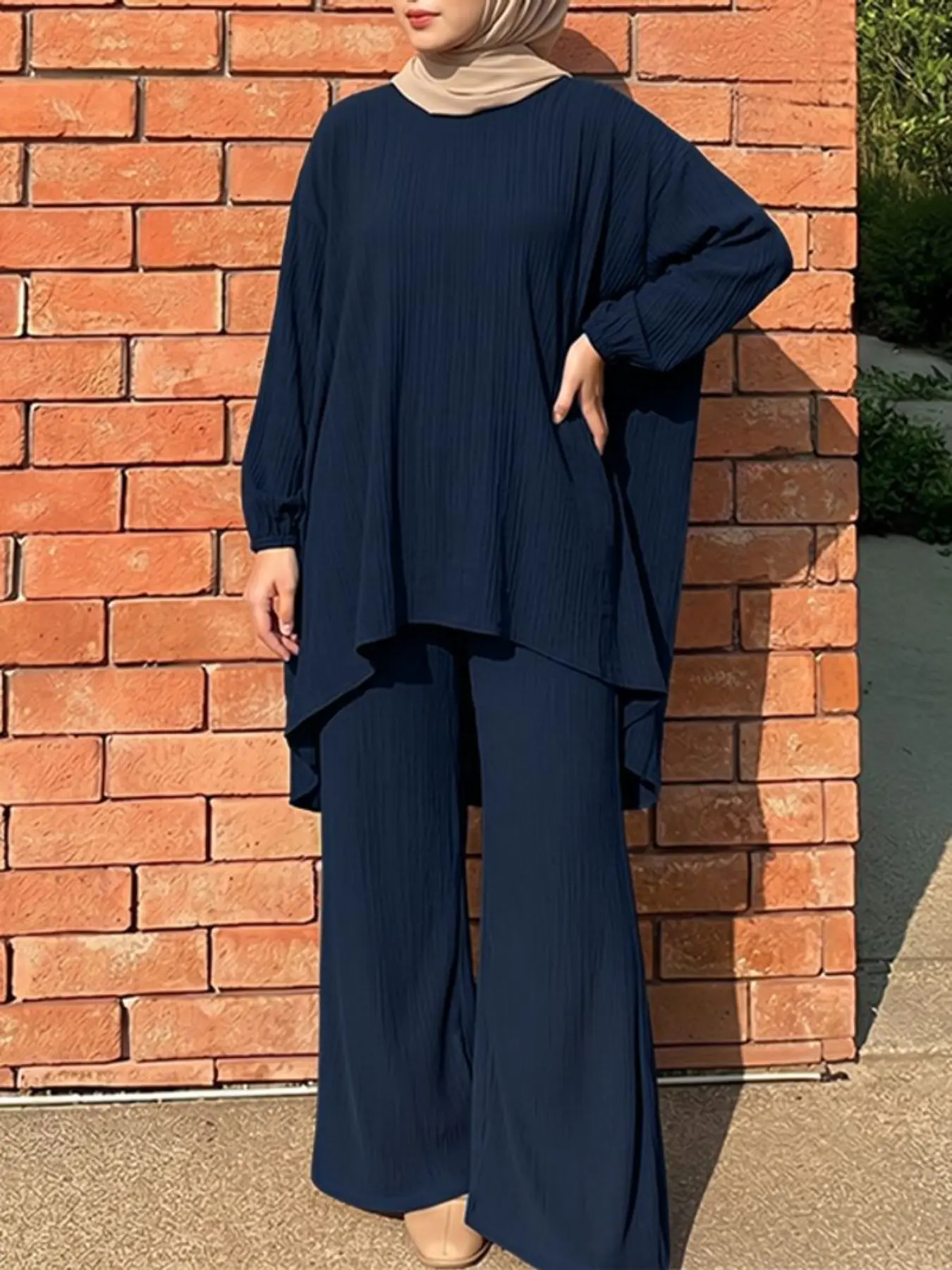 Women's Muslim Round Neck Long Sleeve Top + Straight Leg Pants Set, Islamic Clothing Set, Casual Loose-Fitting Two-Piece, All Seasons Wear, Fashion Muslim Set