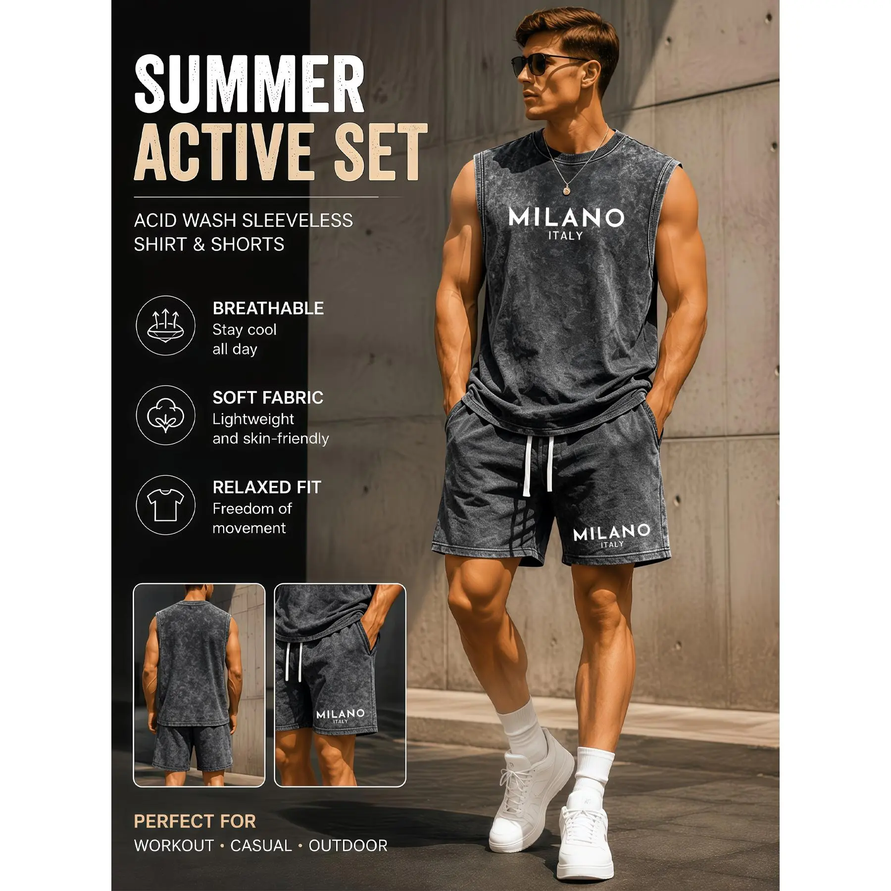 Men's Vintage Washed Cotton Tank Top & Shorts Set, American Street Y2K Milan Print Style. Crafted with soft, breathable fabric, ideal for surfing, basketball, dates, jogging and gym workouts. A premium gift choice for him.