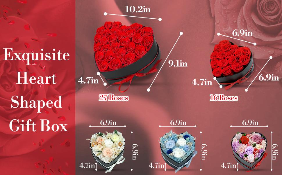 Preserved Roses Heart Shape Box Valentines Day Gifts for Her Mothers Day Forever Flowers (Red, 16 Roses)