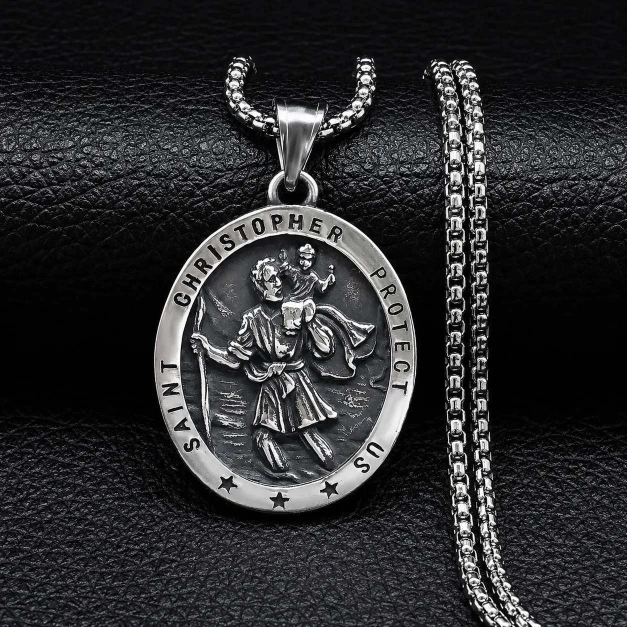 Men's Saint Christopher Medal Necklace - Titanium Steel & Alloy Cross Pendant with Back Design, 60cm Chain & Link, Daily & Business Casual Outfits Religious Costume Jewelry