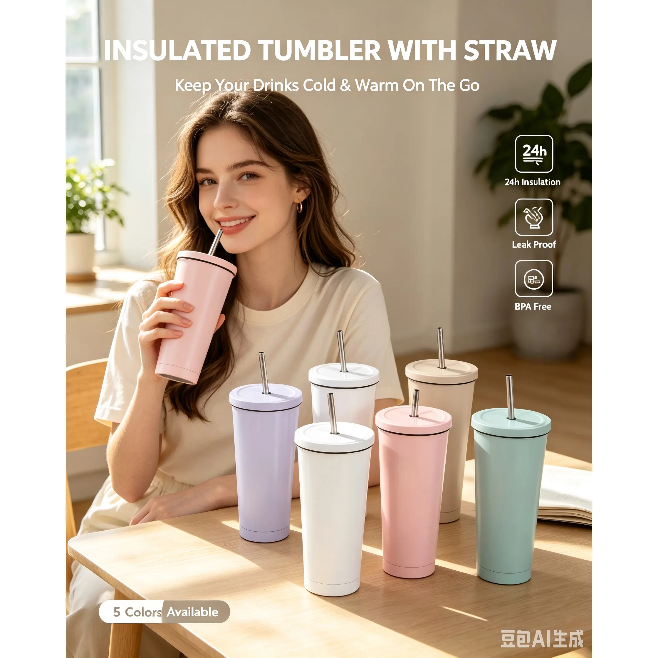 304 Stainless Steel Vacuum Straw Tumbler, Insulated Hot & Cold Travel Cup 500ml/750ml