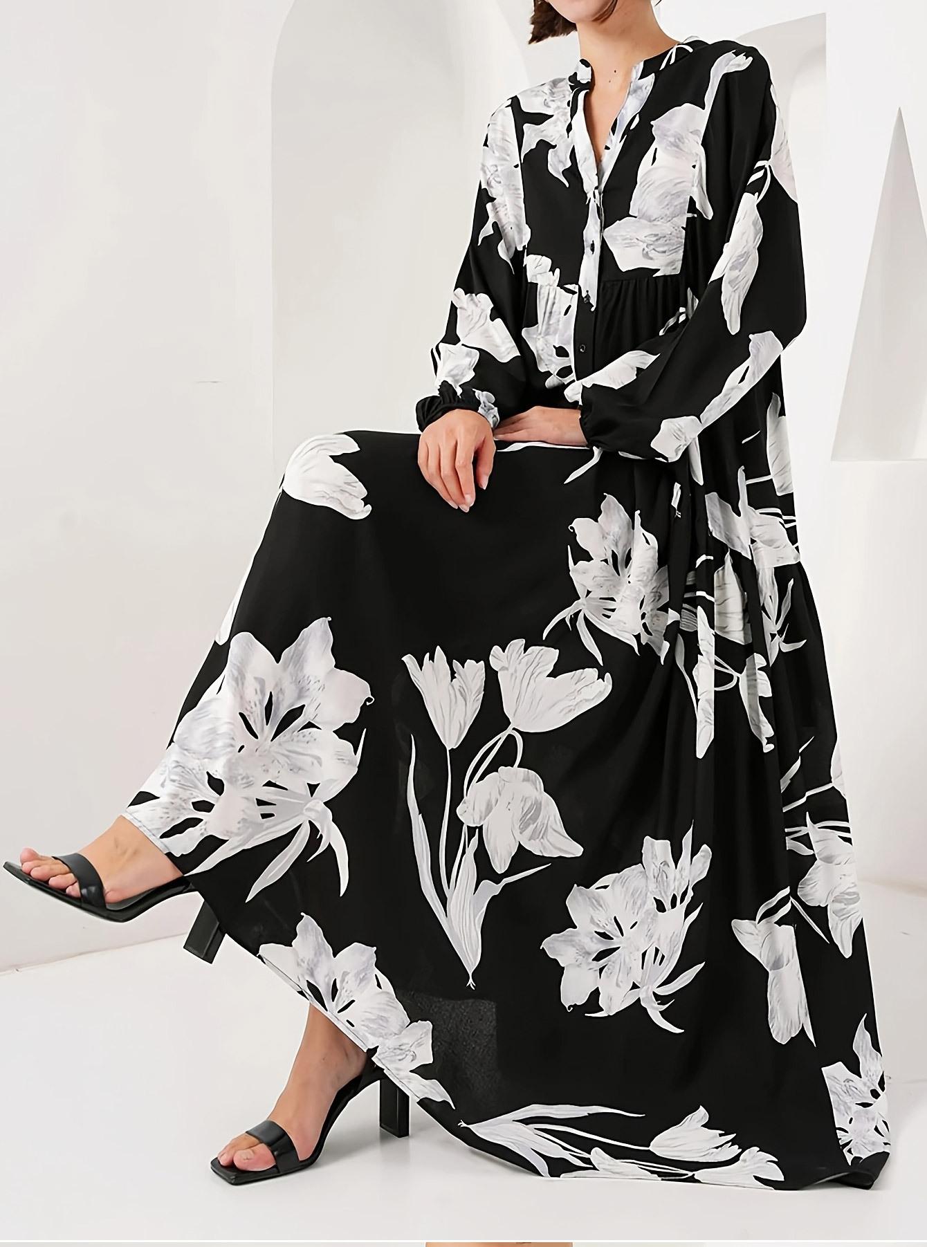 Arab Muslim Middle East Black Dress Elegant Temperament Noble Robe Flower Printed Long Shirt French