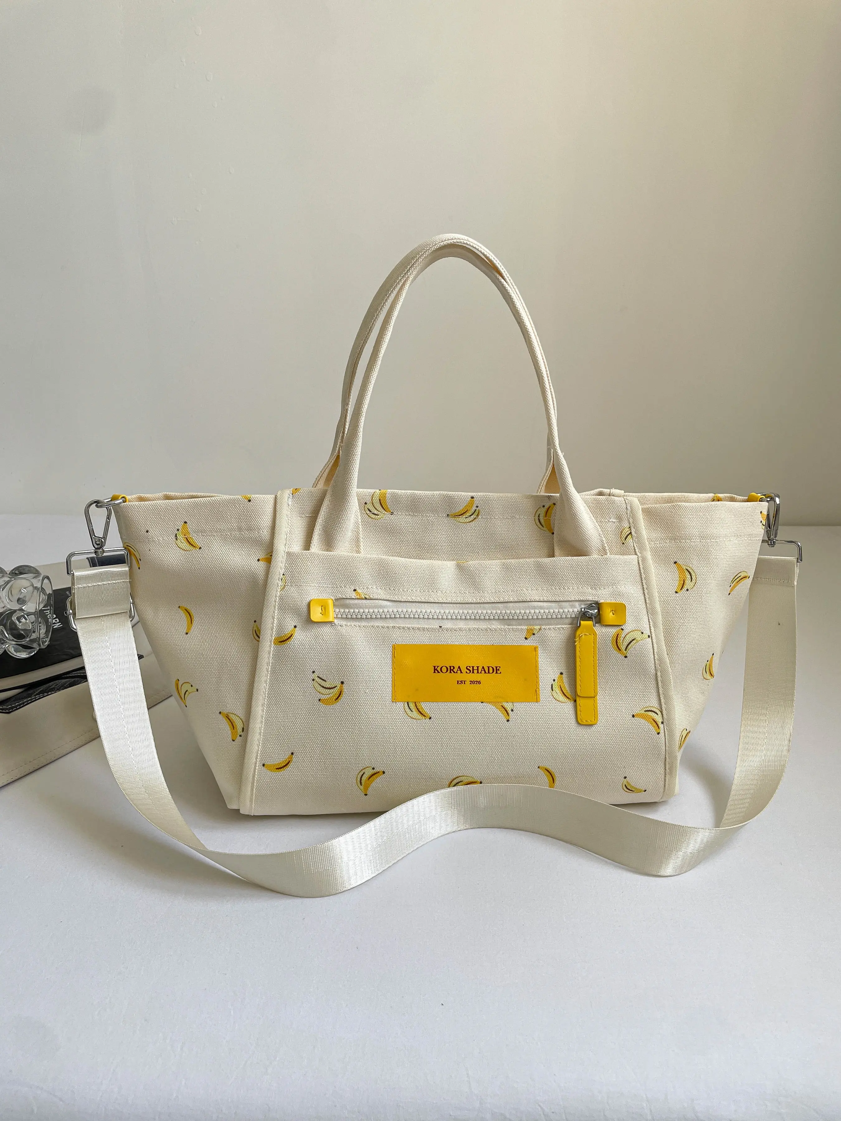 Fresh Banana Print Canvas Tote Bag, Can Be Hand-Carried or Crossbody, Large Capacity Commuter Shoulder Bag, Korean Style Young Girl Student Class Casual Shopping Tote Bag, Daily Commuter Tote