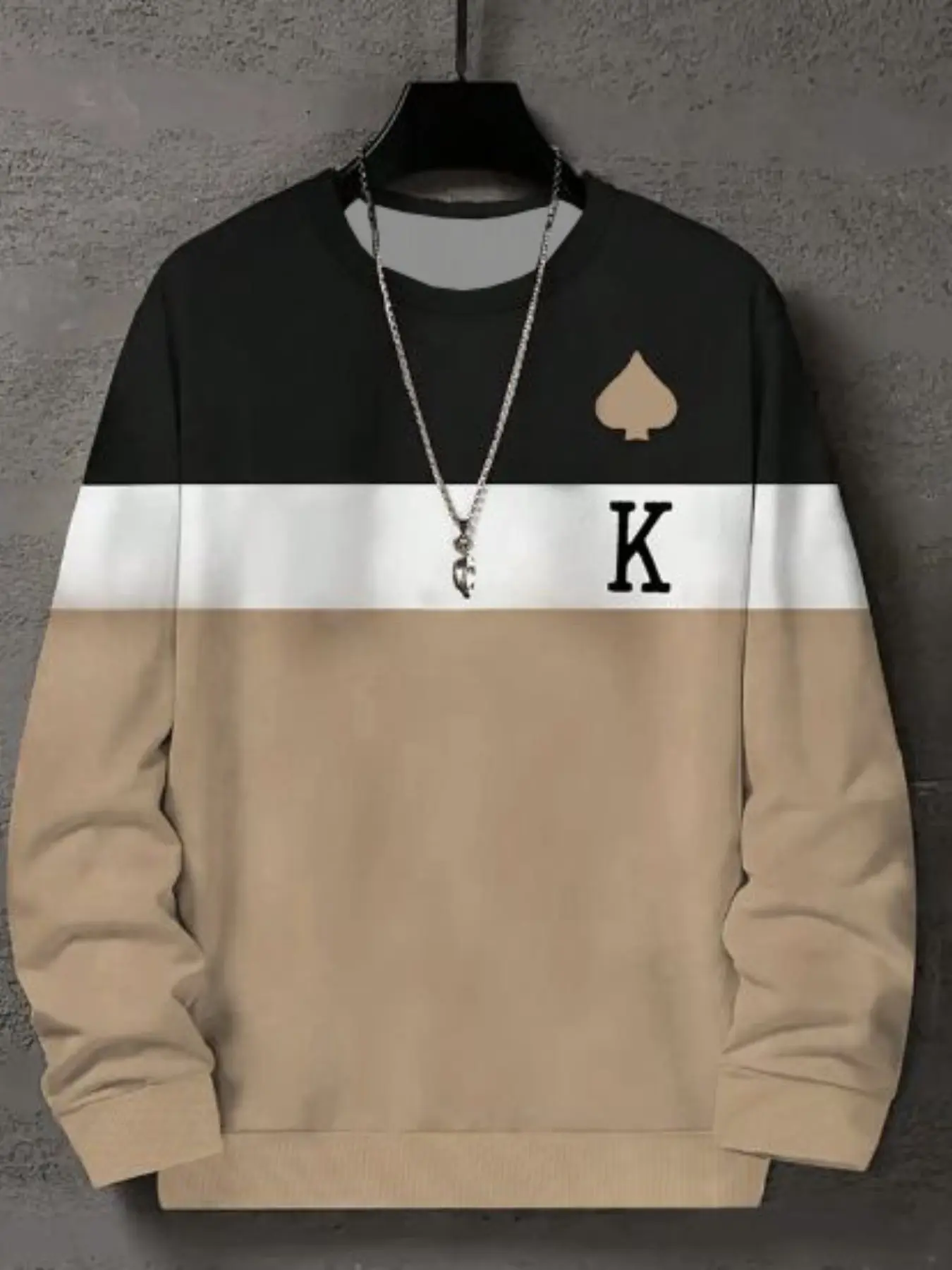 Men's Colorblock Letter Print Sweatshirt, Long Sleeve Top for Fall & Winter, Casual Fitted All over Print Pullover, Streetwear Casual Wear