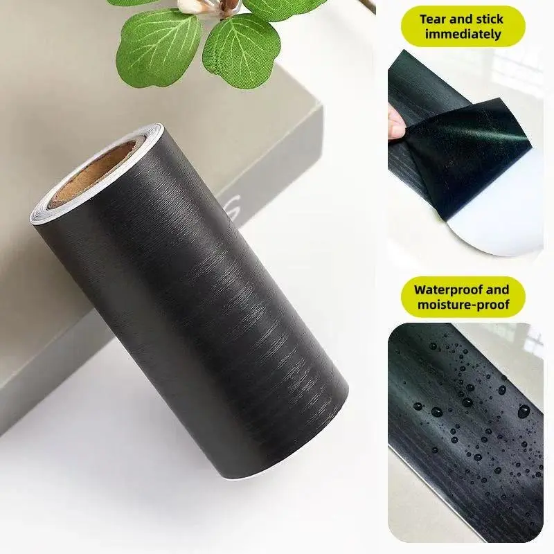 Black Wood Grain PVC Decorative Sticker Border - Detachable, Waterproof, Large Size Indoor Decor for Bathroom Mirrors, Table Edges, Household Items