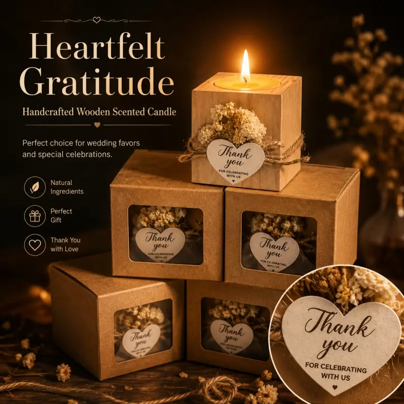 6Pcs Handmade Wooden Scented Candles, Fragrance Candle. Decorated with dried flowers and thank-you tags, packed in exquisite gift boxes. Great as wedding favors, suitable for weddings, parties and home decoration.
