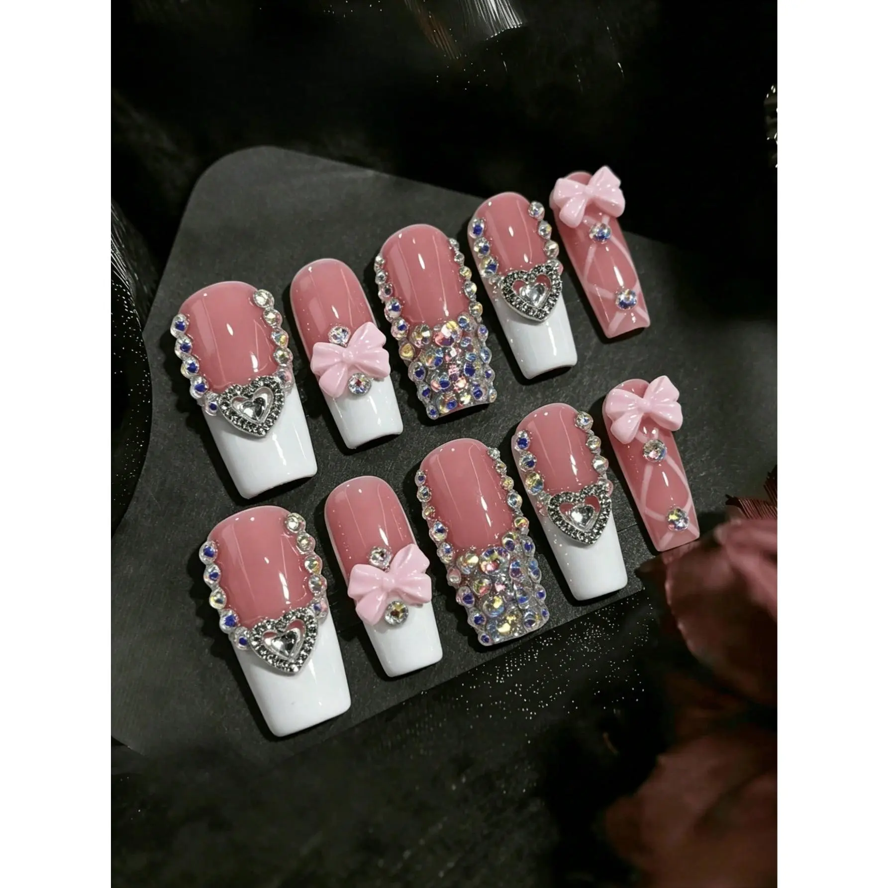 nailrosy 10pcs Pink Handmade Dopamine Wearable Nails, 3D Y2K Square Tip Nail Stickers, Reusable Fake Nails With Rhinestone Glitter Colorful French Tips
