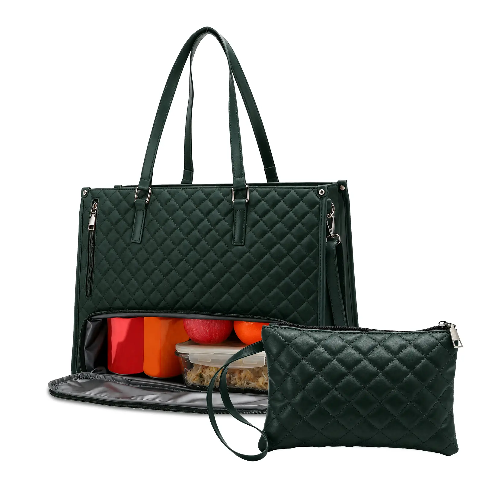 16.5" Wide Insulated PU Leather Lunch Tote Bag, Leakproof Work Bag Fits 15.6" Laptop, Quilted Waterproof Tote with Detachable Wristlet