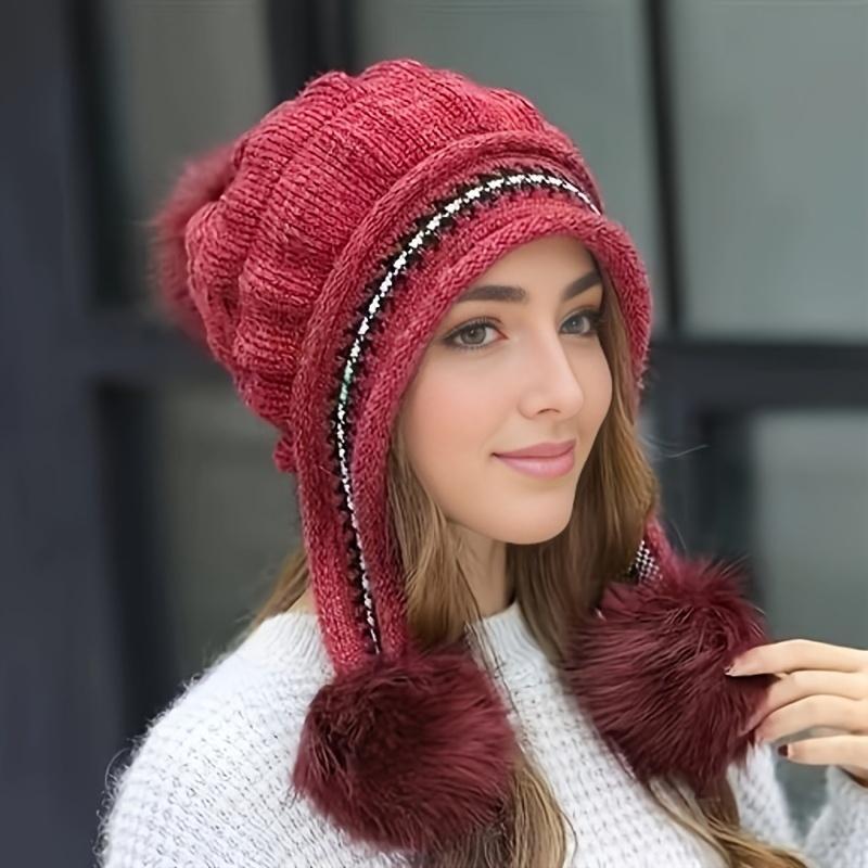 TikTokShopBlackFriday Fantasy Fleece Beanie with Earflaps, Stretchy Acrylic Winter Hat with Adjustable Fit and Built-In Storage Pocket, Soft Hand-Washable Headwear for Cold Weather, Outdoor Activities, and Casual Wear skull cap Knit Heart unisex design