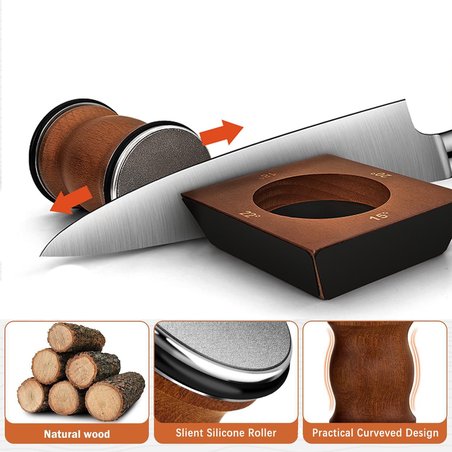 Wooden Handle Knife Sharpener with Magnetic Angle, 1 Set Rolling Knife Sharpener Tool, Easy Knife Sharpening System for Kitchen Knives Kitchenware