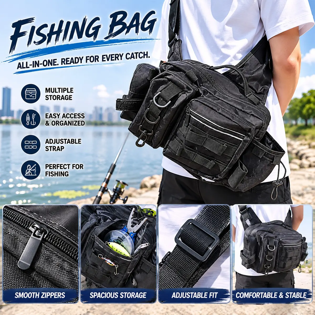 Large Capacity Multi-Functional Fishing Bag, Waterproof Durable Fishing Gear Waist Pack, Portable Angling Accessories Storage Bag, Lure Equipment Crossbody Tool Bag