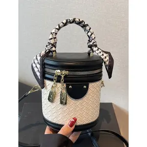 Color Block Woven Embossed Cylindrical Bucket Crossbody Bag, Double Metal Lock Zipper Decor Satchel Handbag, Compact Exquisite Versatile Purse for Daily Trips, Shopping & Dating