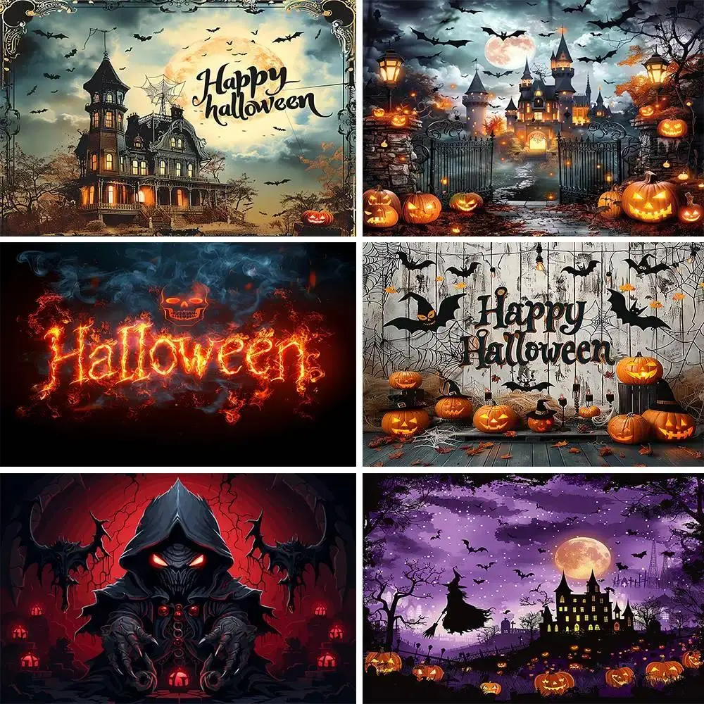Halloween Horror Theme Photography Backdrop & Banner Set, Lightweight Hanging Kit with Night Castle, Moon, Pumpkin Lights, Skeleton Family for Party Photozone, Banners