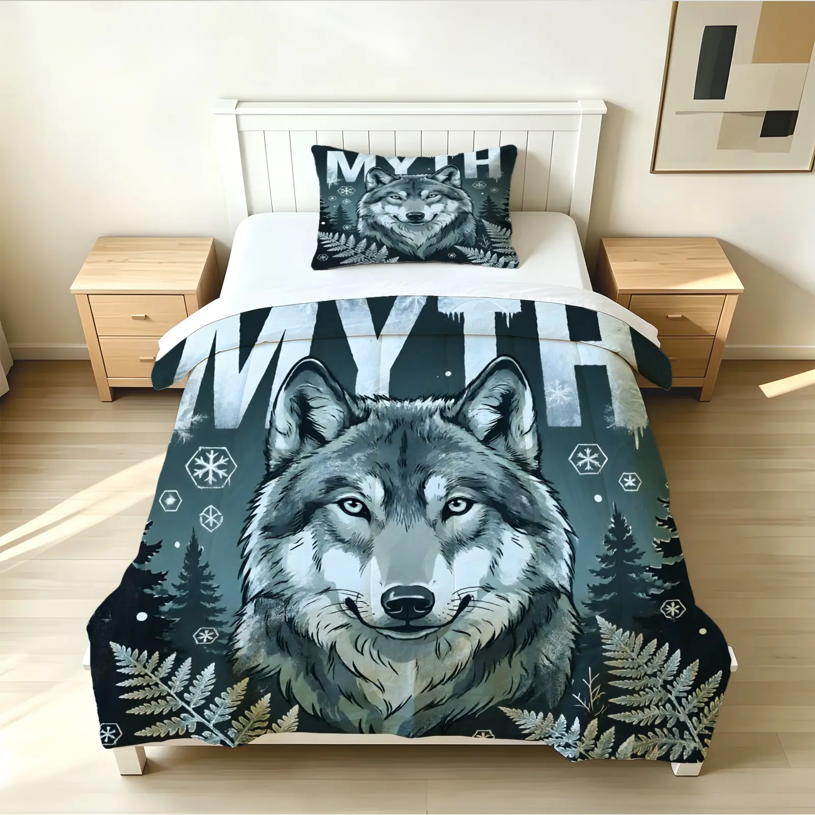 2/3 Pieces American Retro Wild Wolf Edgy Style Quilt Set with Multiple Printed Patterns & English Poster Prints, Skin-Friendly Breathable Polyester Fabric, All-Season Bedding Set (Comes with Filling, Pillow Inserts Not Included)