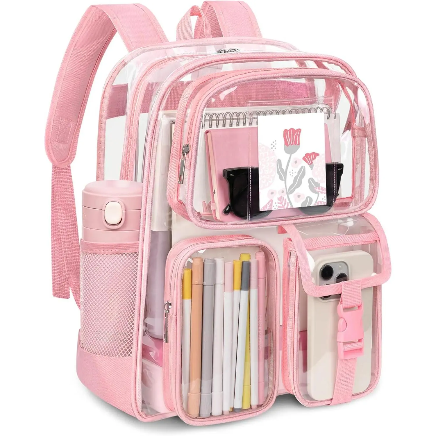 Clear Backpack for Stadium Events, Heavy Duty PVC Transparent Bookbag with Reinforced Strap, Large Capacity See Through Clear Bag for College Concerts Sport Work Security Travel, Pink