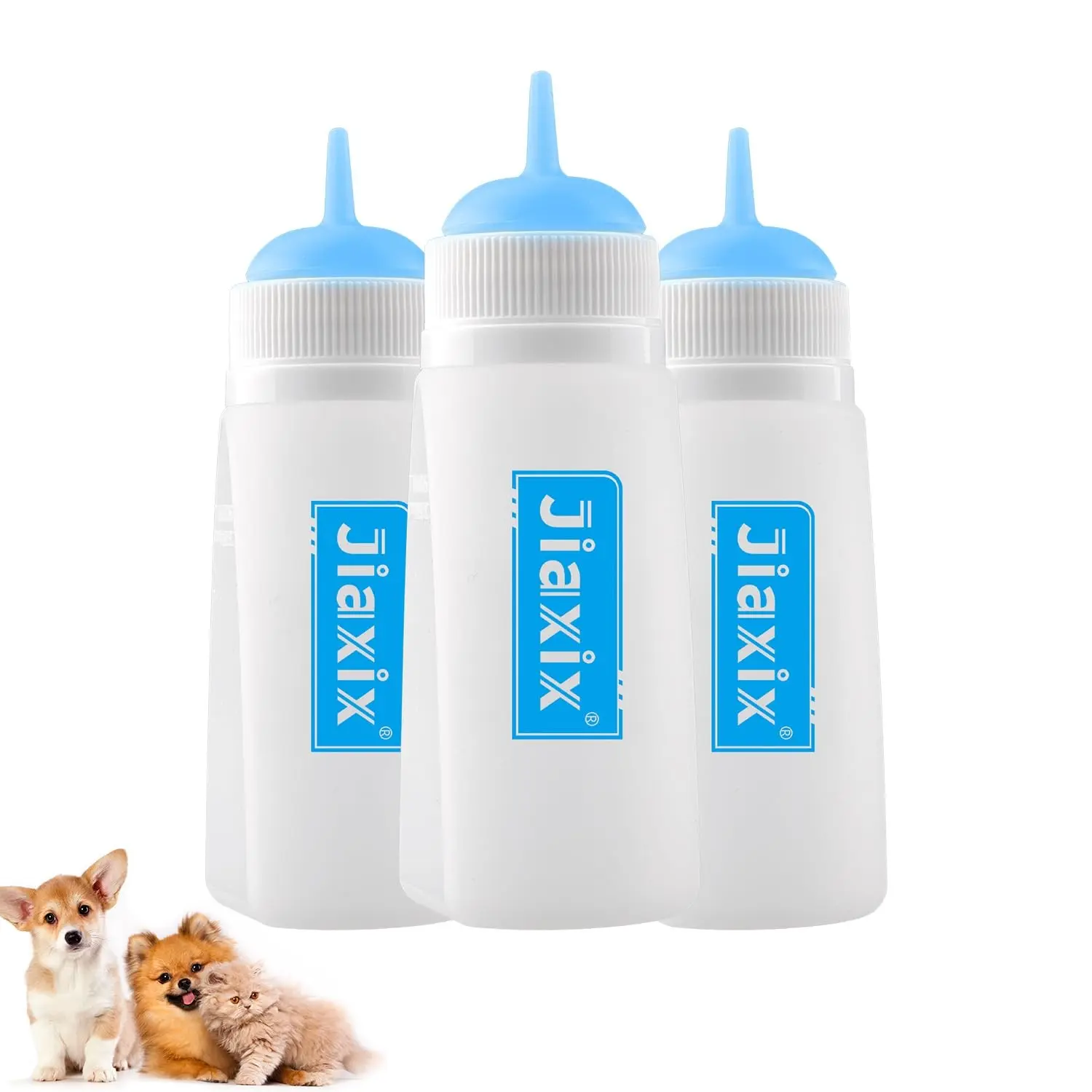 3-Pack Reusable Silicone Kitten Feed Bottle Kit with Nipple Set, Medium Blue Newborn Pet Feeding Supplies for Kittens, Puppies