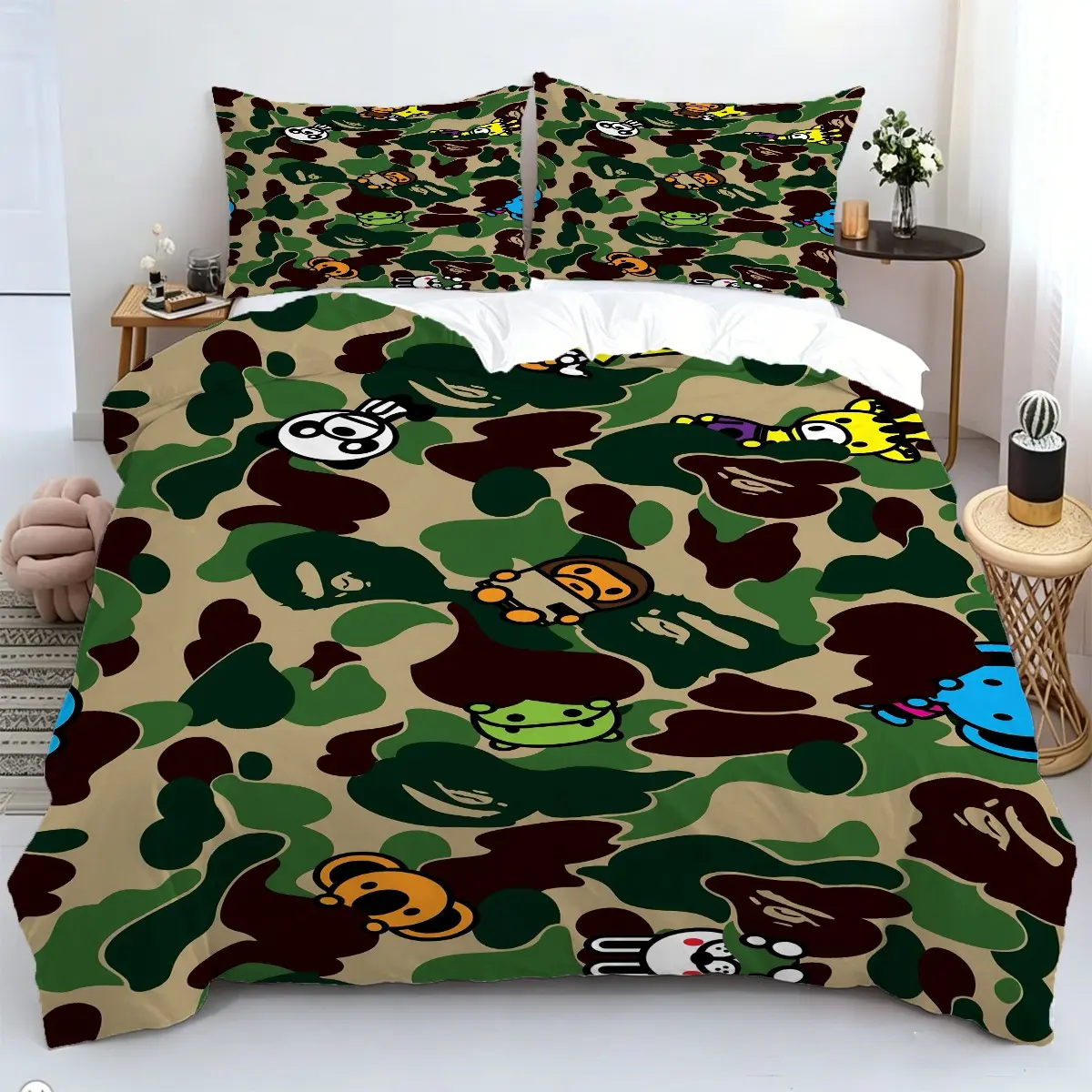 2/3 piece cartoon camouflage printed duvet set, cartoon monkey mascot pattern bedding set, soft and breathable ultra-fine fiber fabric, 1 duvet cover and 1/2 coreless pillowcase, zipper closure, suitable for bedroom bedding set
