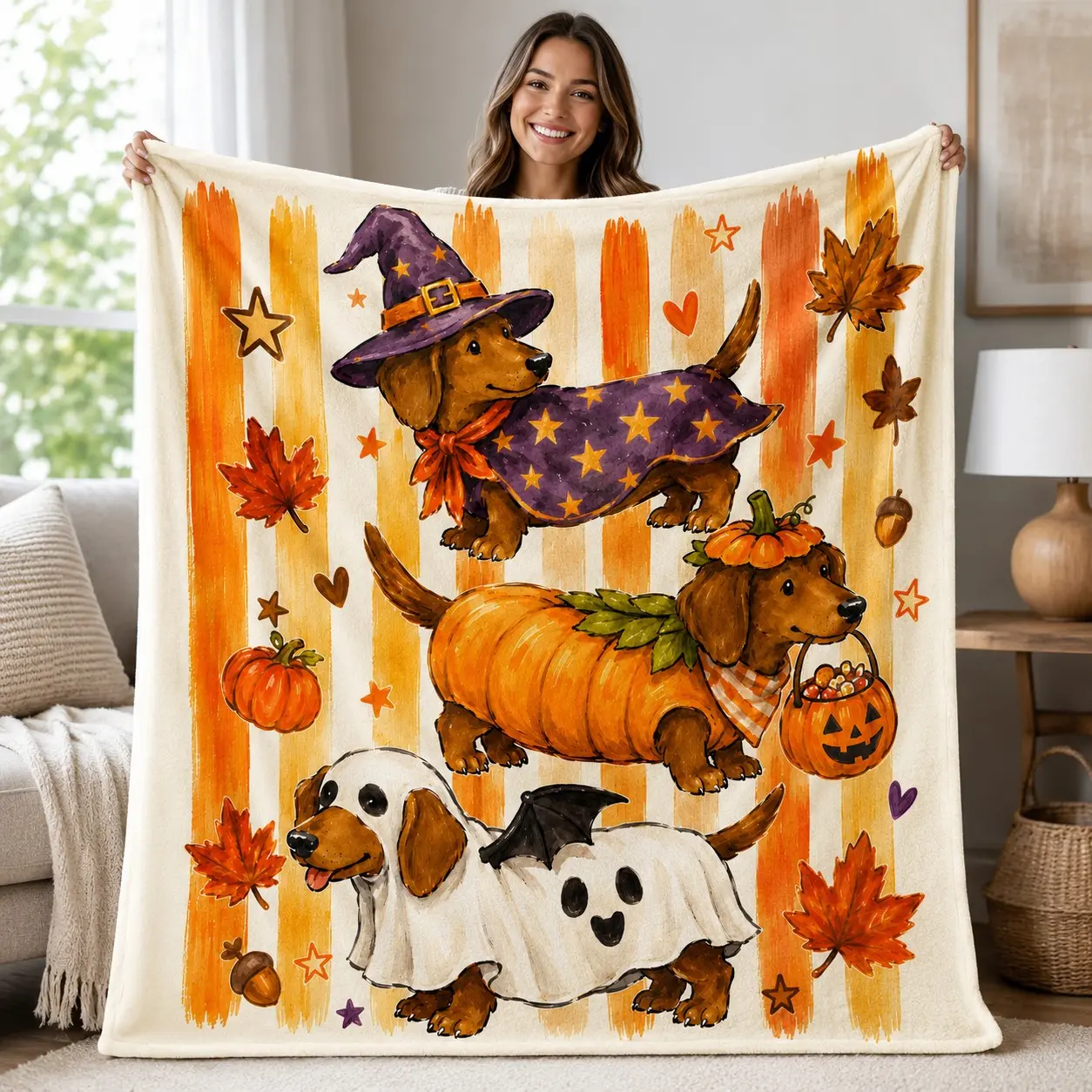 Halloween Dachshund Flannel Throw Blanket, Cute Sausage Dog Witch Pumpkin Ghost Design, Soft Cozy Lightweight Fleece for Sofa Bed Travel Camping