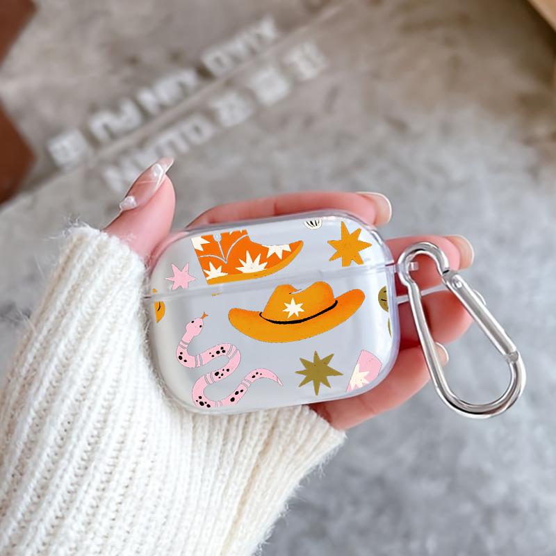 Cowboy Star Boots Pattern Protective Case for AirPods 4/3/2/1/Pro/Pro2 Soft TPU Earphone Cover, Transparent with Keychain