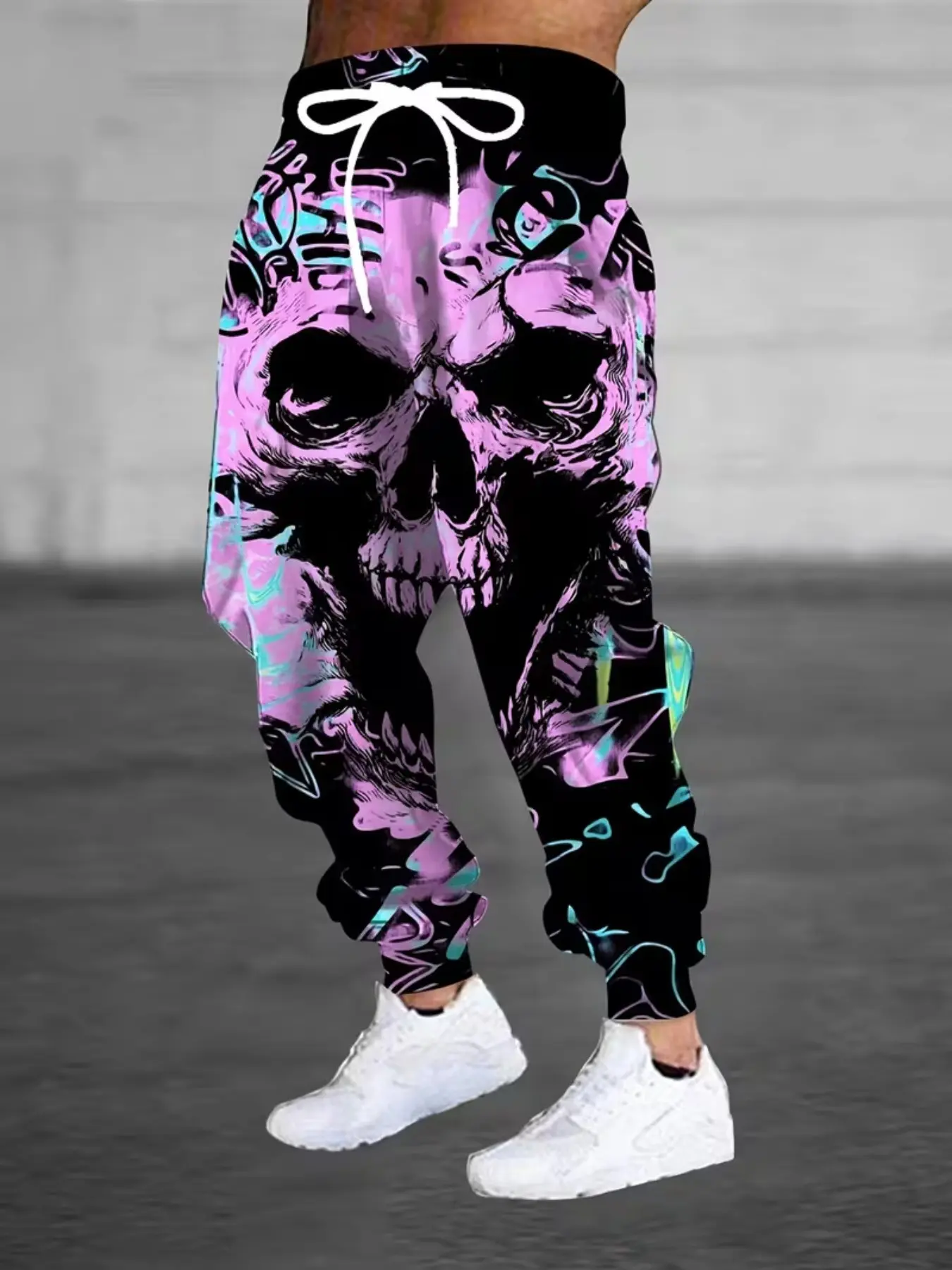 Men's Fashionable 3D Halloween Skull Print Sweatpants, Drawstring Waist, Pockets, Ankle Length, Casual Long Pants for All Seasons