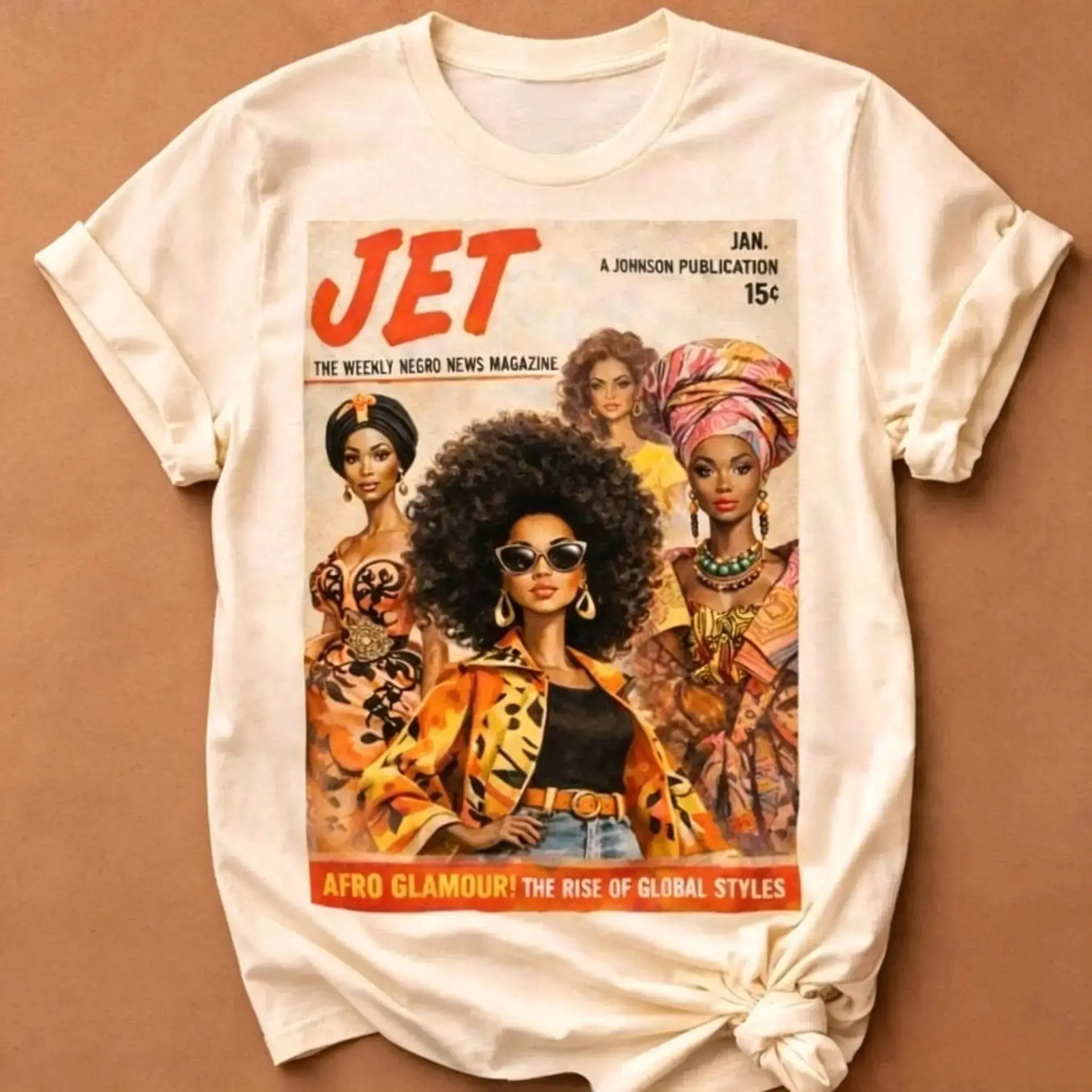 Women's Graphic T-Shirt with Vintage Afrocentric Magazine Art, Casual Short-Sleeve Cotton Crew Neck Top, Graphic Tees Women, Cotton Graphic Tees
