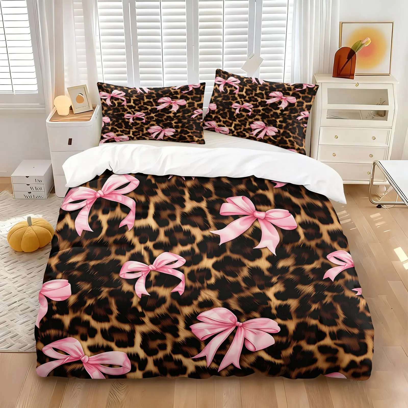 Leopard Print with Pink Bow Duvet Cover Set, Decorative Duvet Cover, 1 Duvet Cover + 1/2 Pillowcases, No Filling, HD All Season Print, Soft Breathable Bedding, Classic Leopard with Pink Ribbon Pattern for Girls Bedroom Decor
