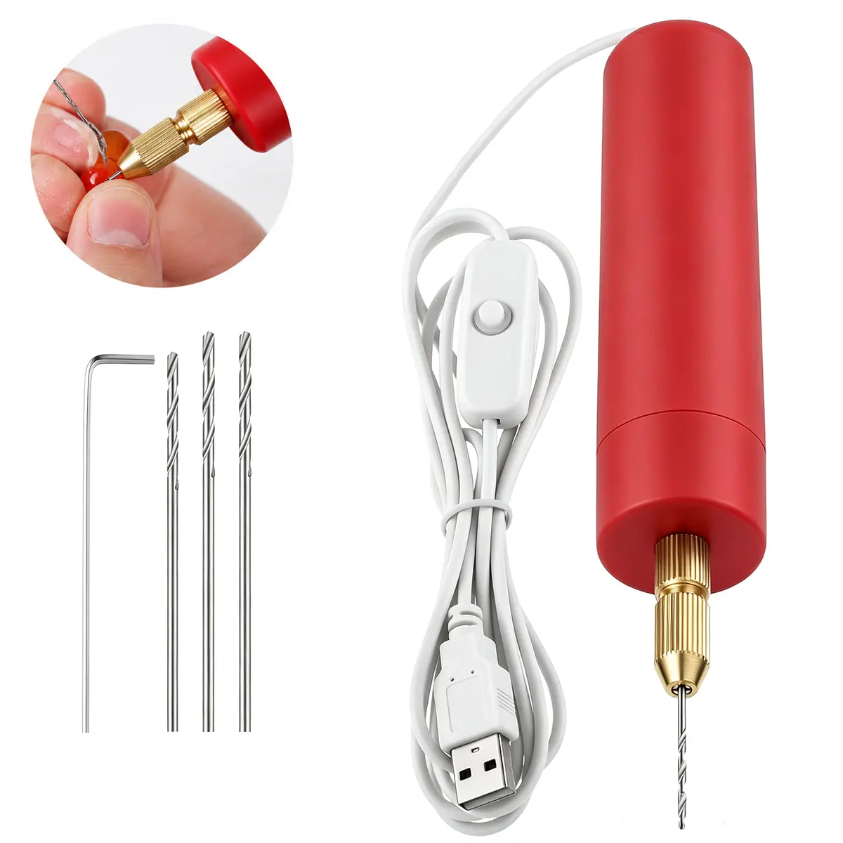Micro Handheld Electric Drill Set – 1-1.2mm Mini Resin Drill Bits, USB Powered Pen-Style DIY Tool for Epoxy Resin Jewelry Keychain Polymer Clay, ABS Craft Drilling Kit with Wrench