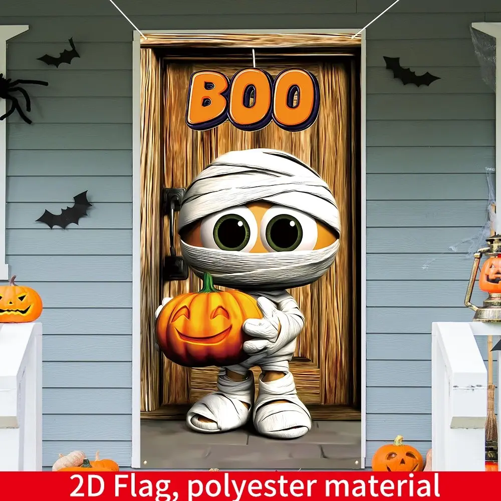 Halloween Door Decor, Funny Mummy Pumpkin Sign, Boo Design, No Power Needed, Easy Hanging Banner for Porch, House, Party, Durable Polyester
