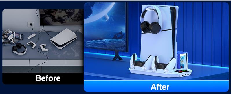 ESYWEN PS5 Pro/Slim Stand & Cooling Station with Controller Charging for PlayStation 5 Disc Digital Console, 3 Levels Fan, 13 Game Slots, 3 USB Hub, Headset Holder, Wearable