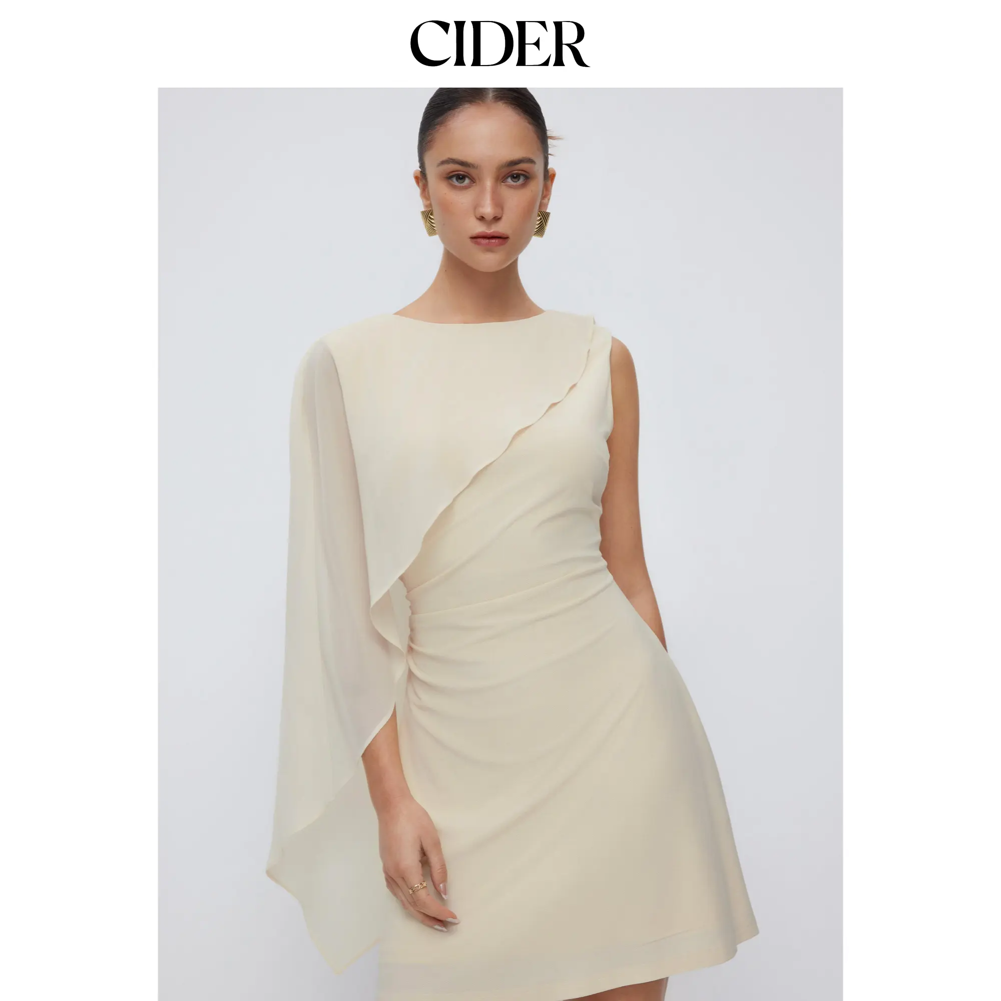 Cider Textured Boat Neck Ruched Asymmetrical Draped A-line Mini Dress