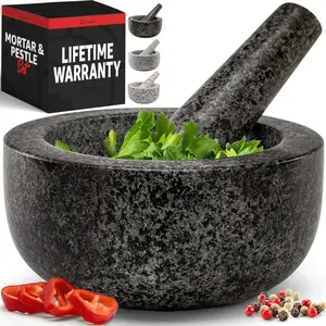 Stone Grinder Bowl, 6.3 Inch Size, Heavy Duty Large 2 Cup Mortar and Pestle Set, Spice Grinder, 100% Granite, Non Slip Base, Make Fresh Guacamole, Salsa, Pesto, Herb Crusher, Black