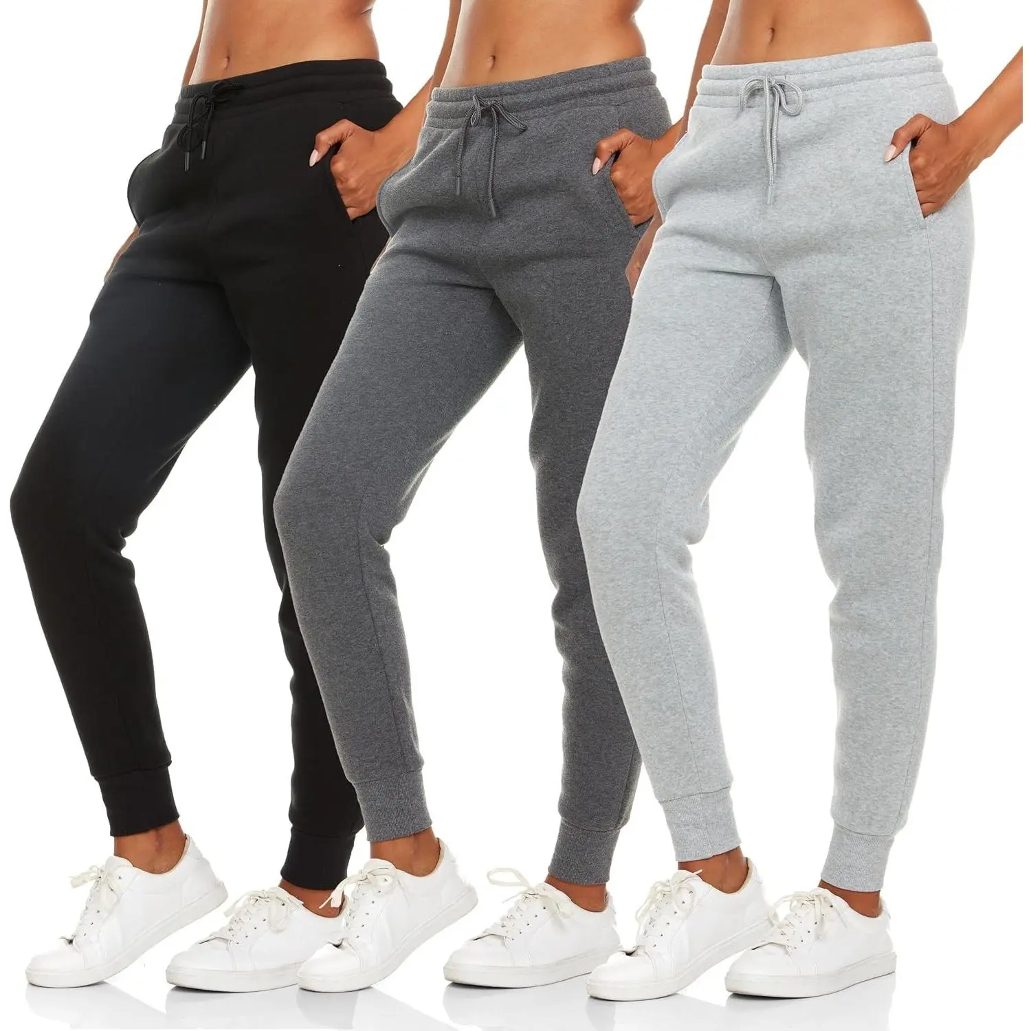 3 Pack Sweatpants Women, Fleece Womens Joggers with Pockets | Soft fleece lined 3 pack sweatpants, womens joggers, comfortable elastic fit, plus size women sweatpants.