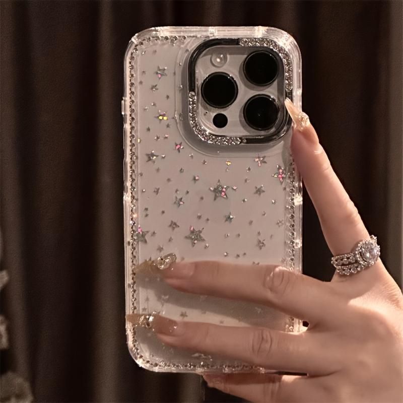 Luxury Rhinestone Fashion Phone Case, Sparkling Diamond Border Star Transparent Shockproof Cover for iPhone 17,16,15,14,13,12 Pro Max - Christmas Gift, New Year's Present, Easter Surprise, Halloween Treatment.