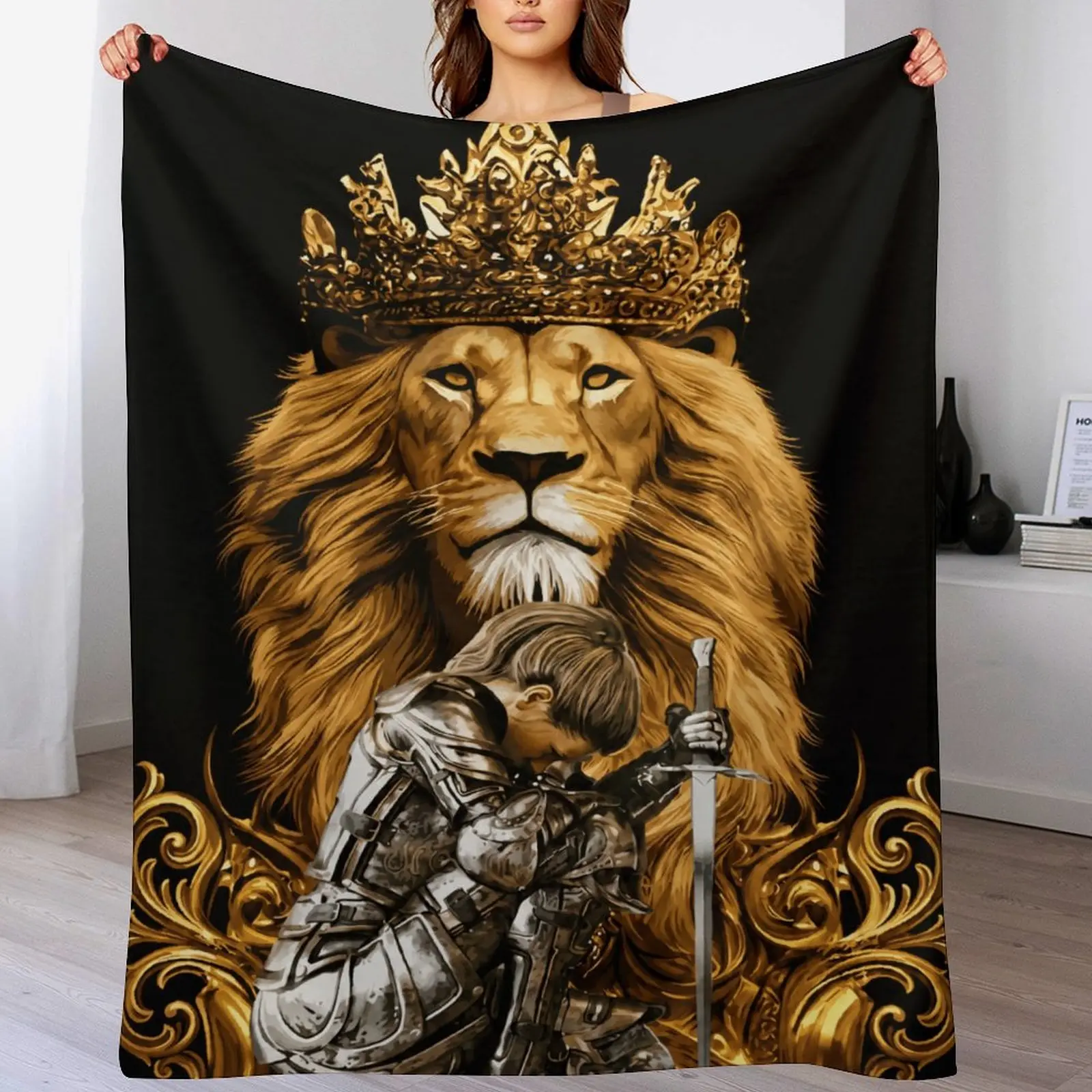 Lion of Judah Crowned King Blanket – Christian Spiritual Warfare Throw, Golden Lion Faith Protection Blanket, Religious Gift for Men Dad Husband, Strength & Courage Cozy Home Decor