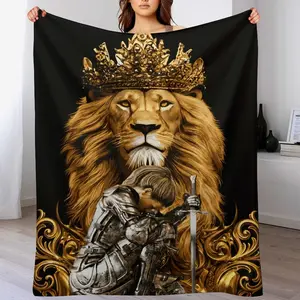 Lion of Judah Crowned King Blanket – Christian Spiritual Warfare Throw, Golden Lion Faith Protection Blanket, Religious Gift for Men Dad Husband, Strength & Courage Cozy Home Decor