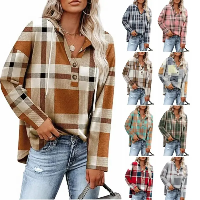 Women's V-Neck Button Hooded Plaid Long Sleeve Pullover Sweater