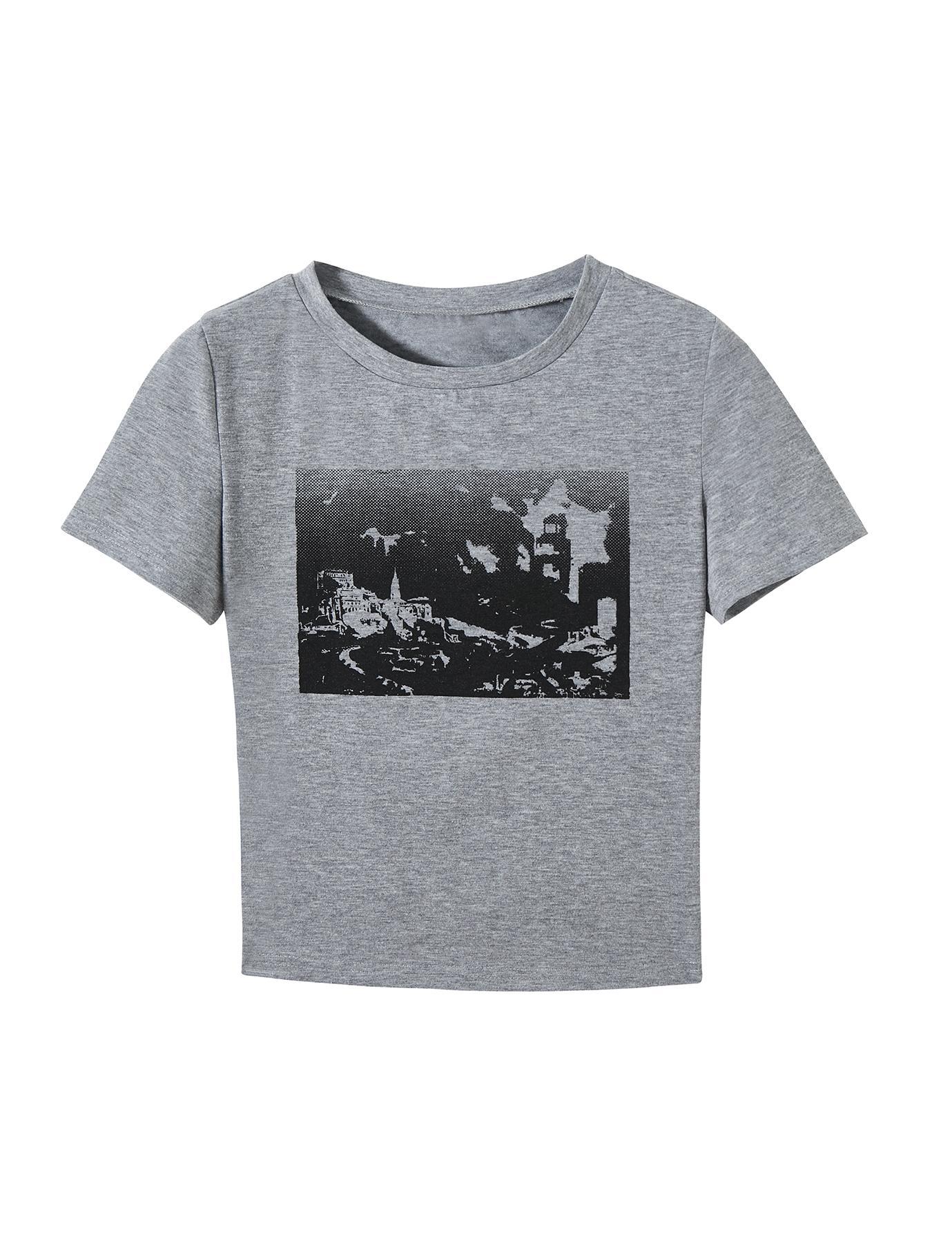 Women's Building Graphic Round Neck Crop Tee, Fashion Casual Crew Neck Short Sleeve T-shirt for Daily Everyday Outdoor Wear, Ladies Clothes Womenswear for All Seasons