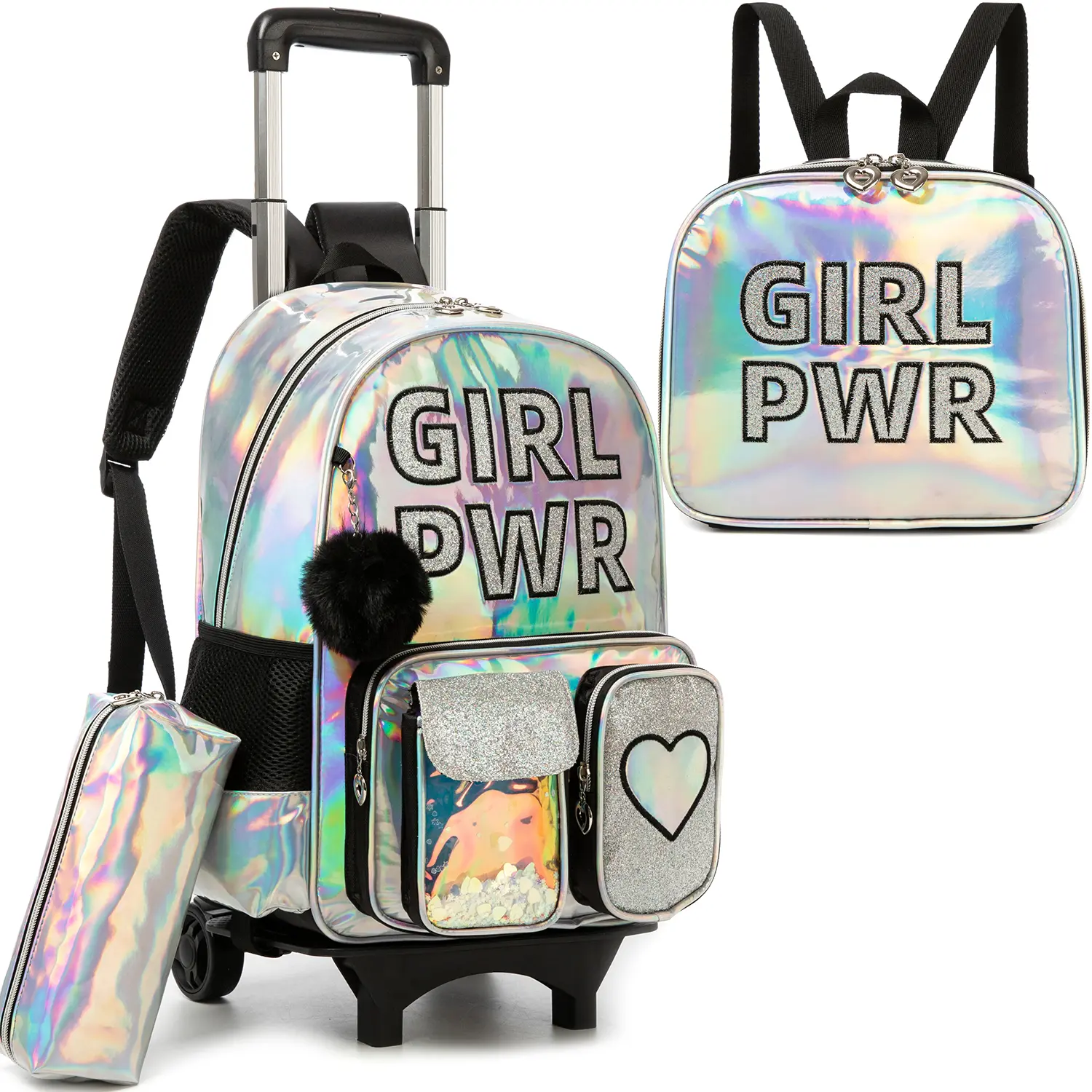 08GIRL PWR Holographic Rolling Backpack 3pcs Set for Girls | Silver Iridescent Wheeled School Bag with Lunch Box & Pencil Case | Metallic Y2K Glitter Heart Utility Cargo Trolley Bookbag 2026