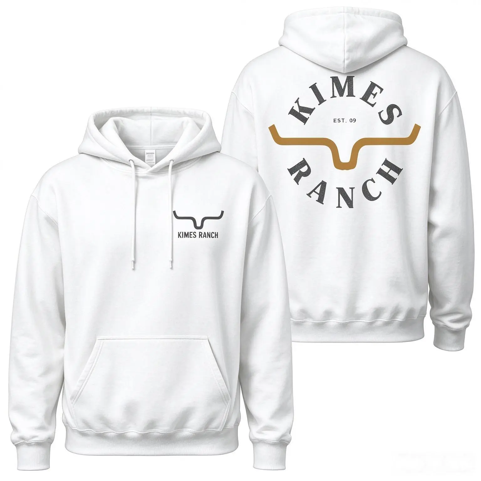 Unisex Kimes Ranch Western Hoodie Round Neck Casual Sport Top - Vintage Circle Logo, Gold Back Print, Front Chest Bull Horn Logo, Navy Cowboy Country Outfit Gift
