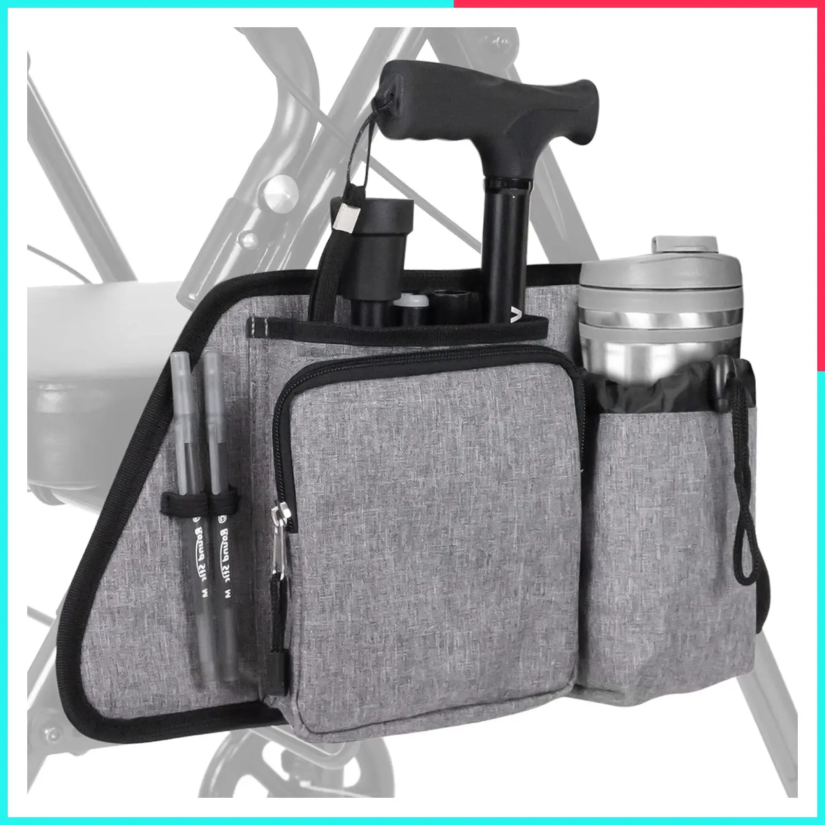 Rollator Wheelchair Walker Side Bag with Phone Pocket - Storage Travel Pouch - Hanging Stroller Organizer for Women Men Seniors - Non Slip Cup Holder