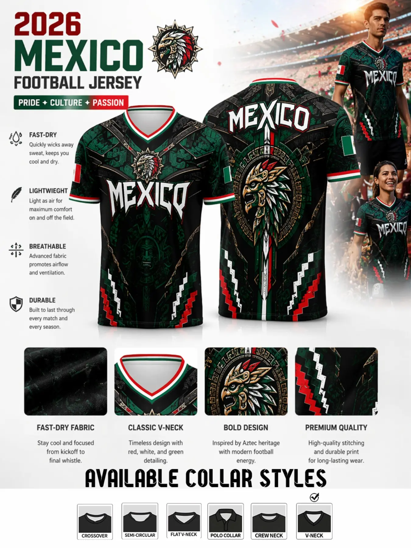 2026 Mexico National Football Jersey, Base with Gold Aztec Eagle, Quick-Dry Polyester, Sporty Short Sleeve, All Seasons