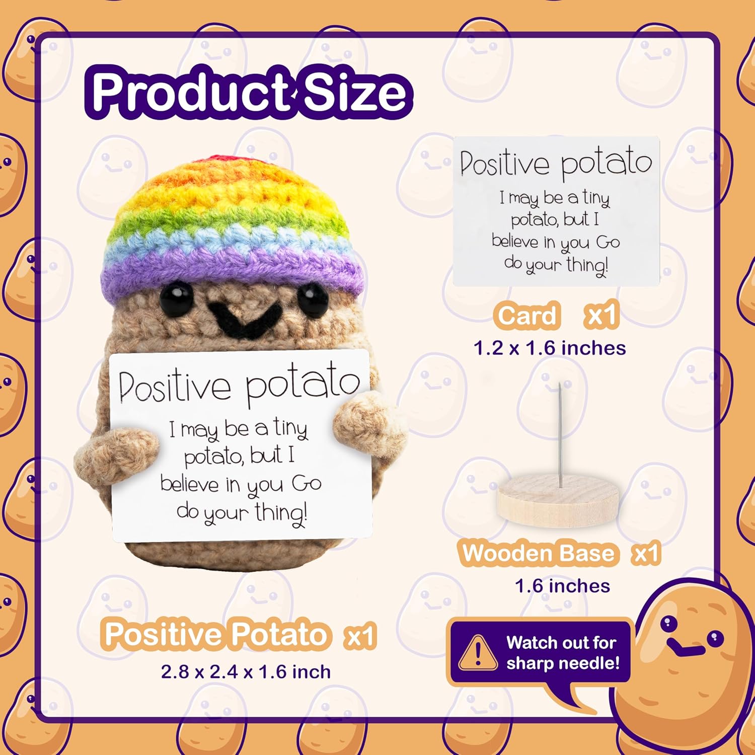 Adorable Marlo & Buzz crochet potato plush with stand! This funny emotional support toy offers comforting motivation for stress and anxiety relief, perfect as charming home decor. Soft, cute, and full of warm energy to cheer you up every day.